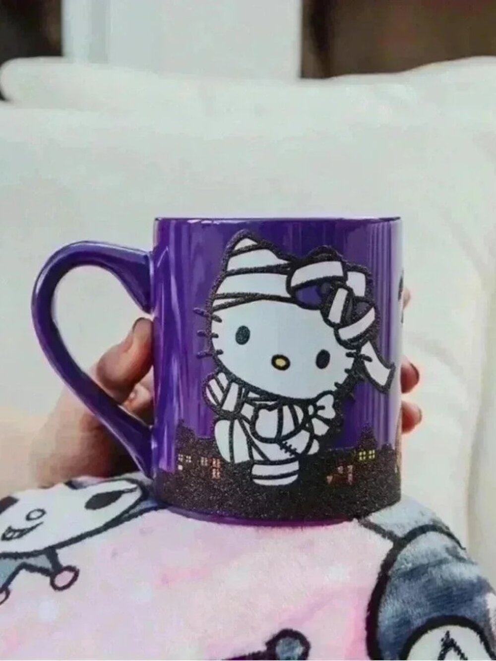 Hello Kitty Coffee Cup Happy Halloween Glitter Mummy Purple Mug 14 oz